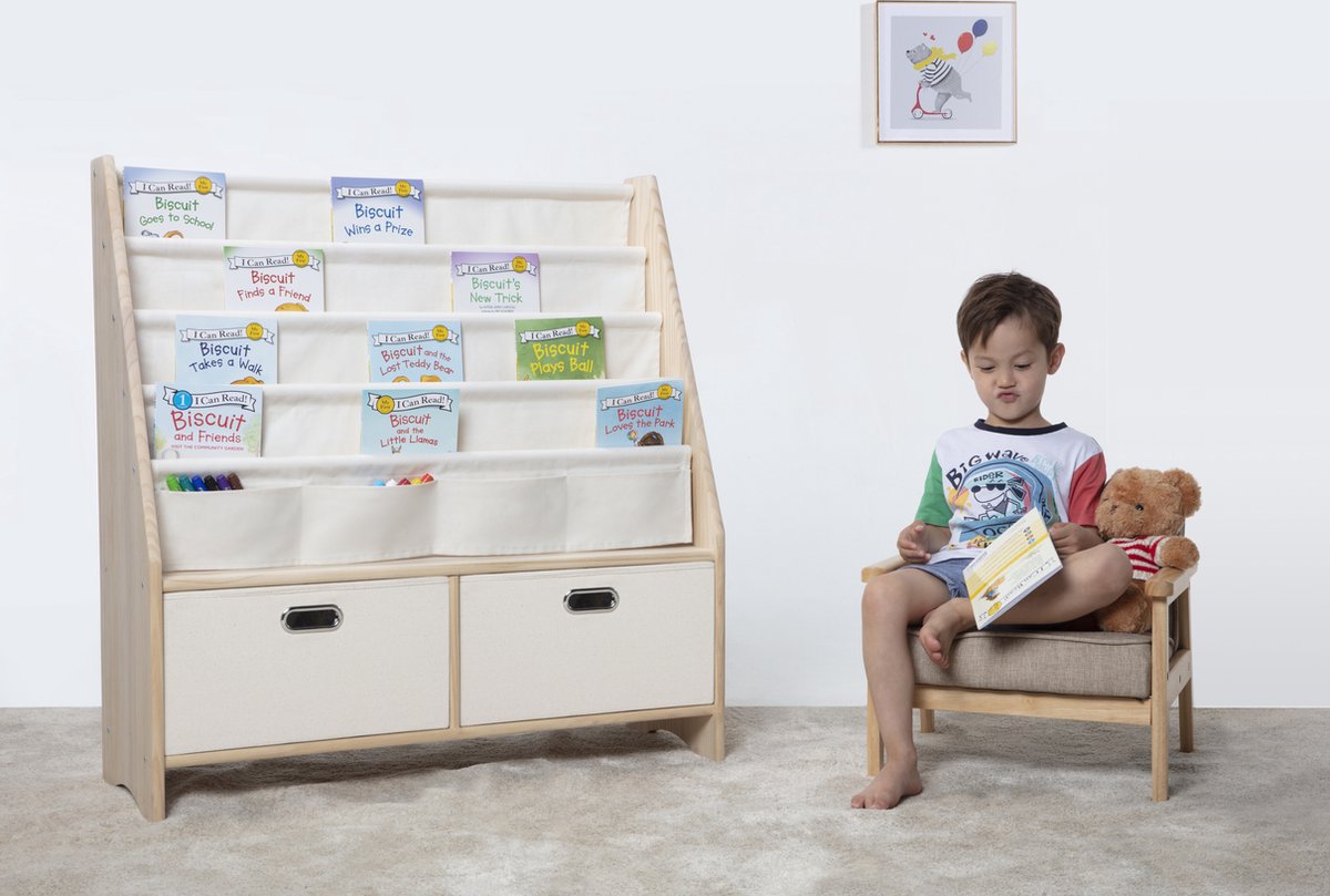 Children's solid wood 2-in-1  bookshelf & toy storage - Montessori