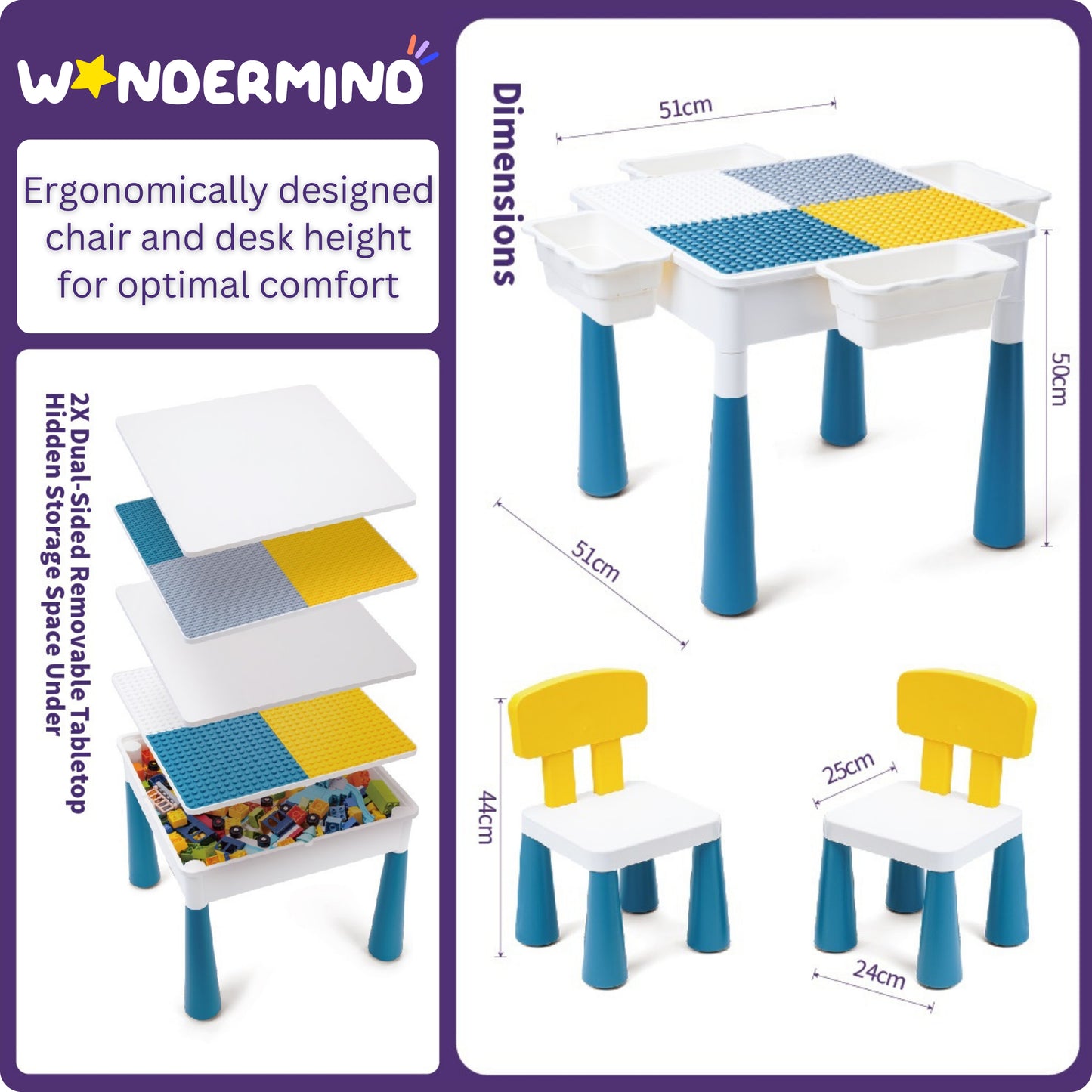 4-1 Play/Work/Mud Table (DUPLO® or LEGO® compatible) for indoors or outdoors + Chairs and Bricks - WonderMind