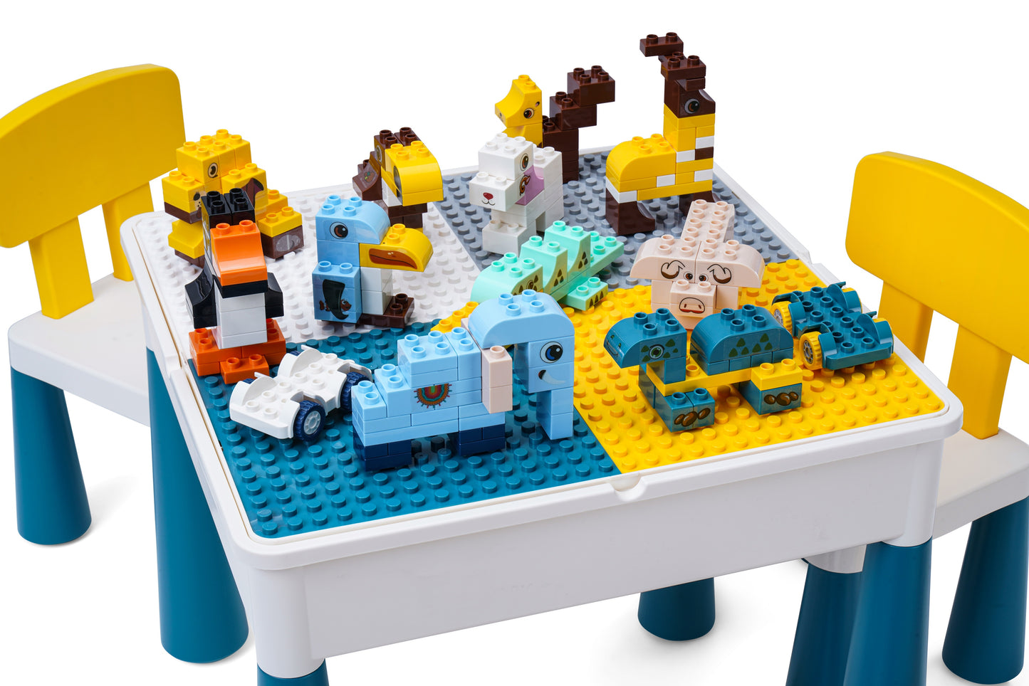 4-1 Play/Work/Mud Table (DUPLO® or LEGO® compatible) for indoors or outdoors + Chairs and Bricks - WonderMind
