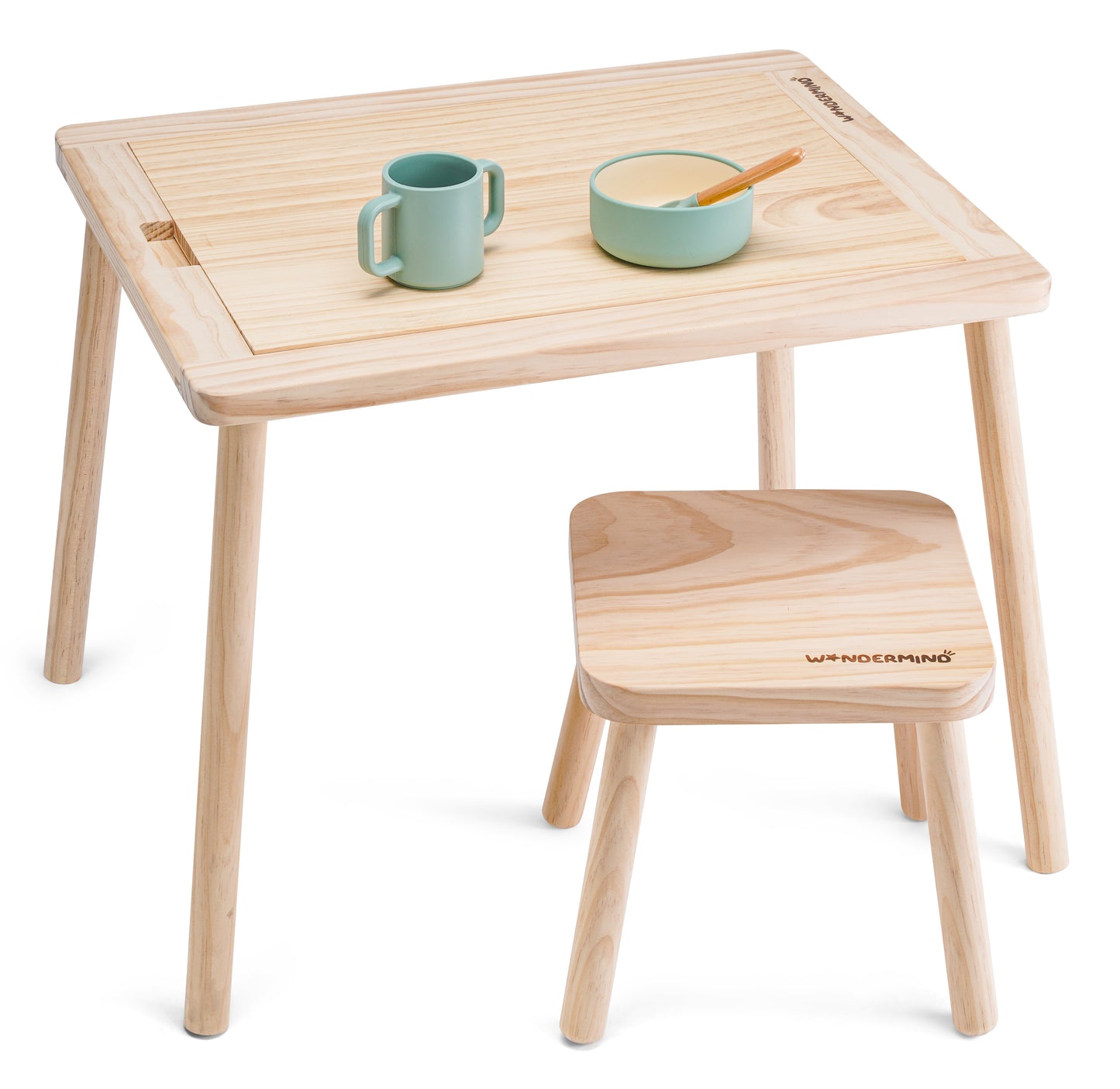 Solid Wood Montessori Children's Play Table Set + Stool, Building Blocks & Writing Set - LEGO® and DUPLO® compatible - WonderMind