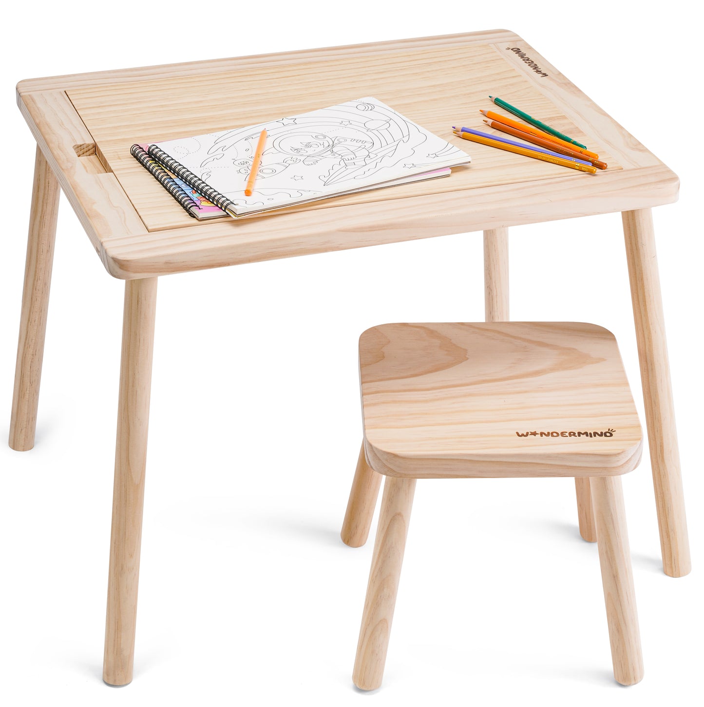Solid Wood Montessori Children's Play Table Set + Stool, Building Blocks & Writing Set - LEGO® and DUPLO® compatible - WonderMind