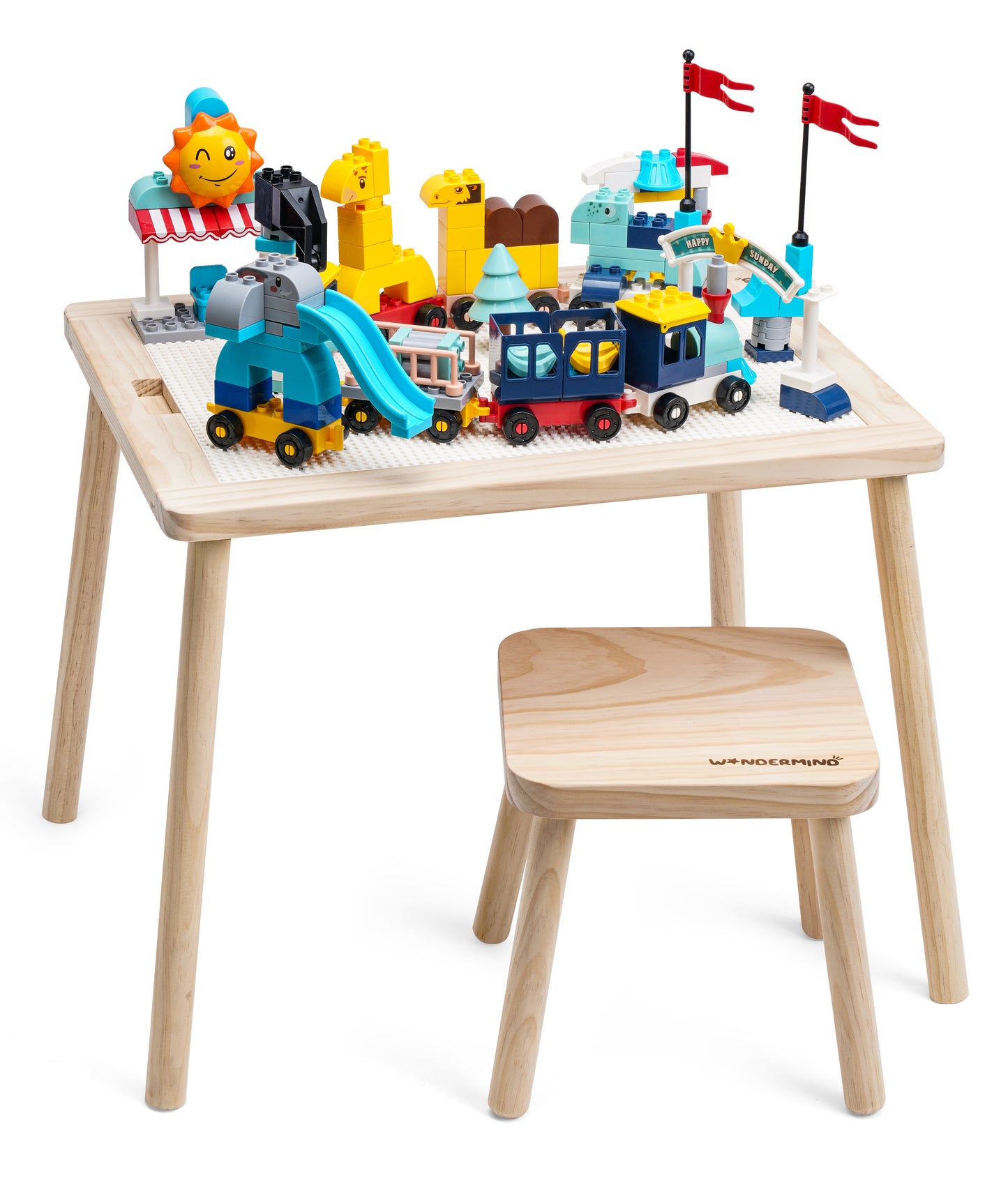 Solid Wood Montessori Children's Play Table Set + Stool, Building Blocks & Writing Set - LEGO® and DUPLO® compatible - WonderMind