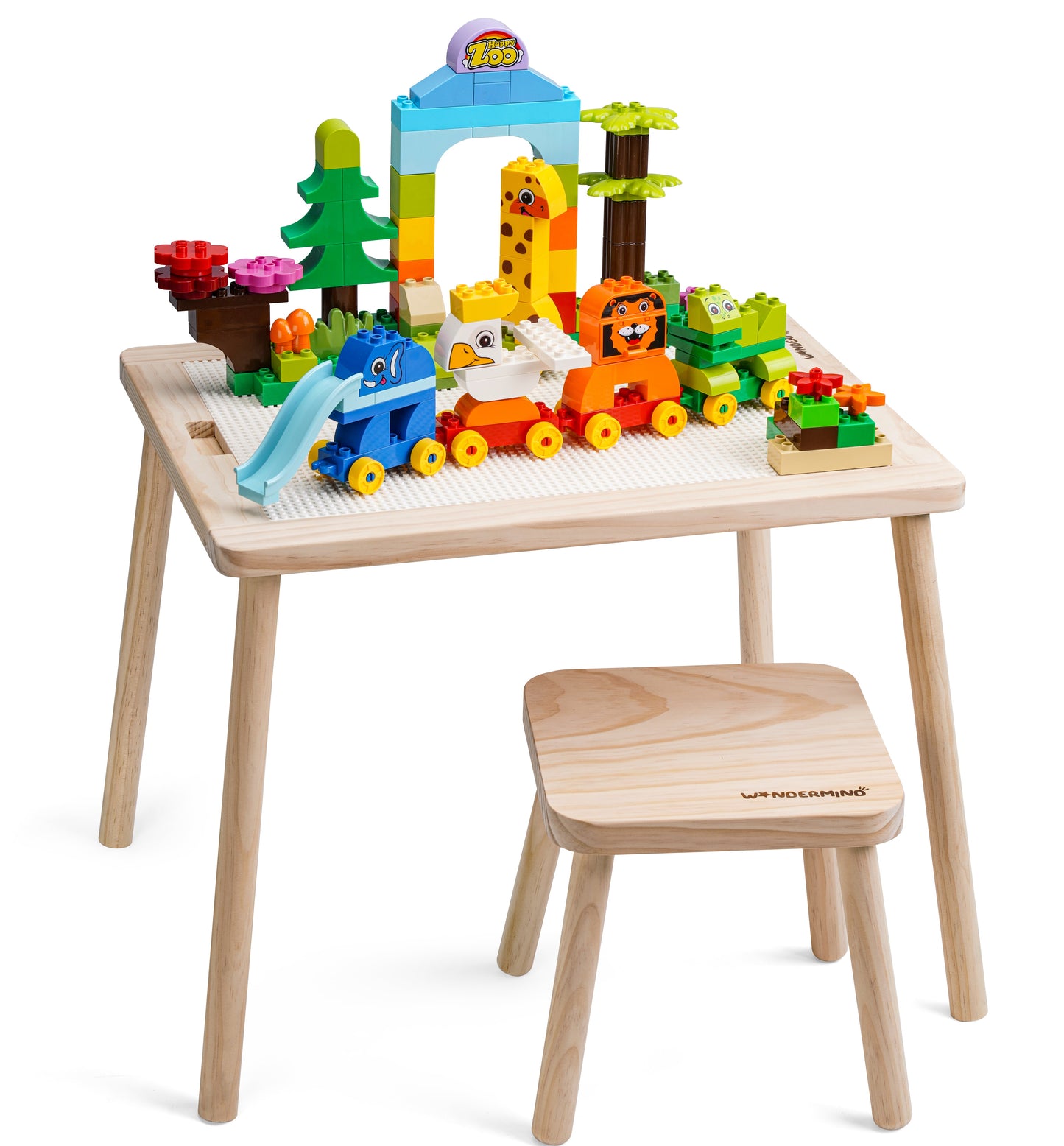 Solid Wood Montessori Children's Play Table Set + Stool, Building Blocks & Writing Set - LEGO® and DUPLO® compatible - WonderMind