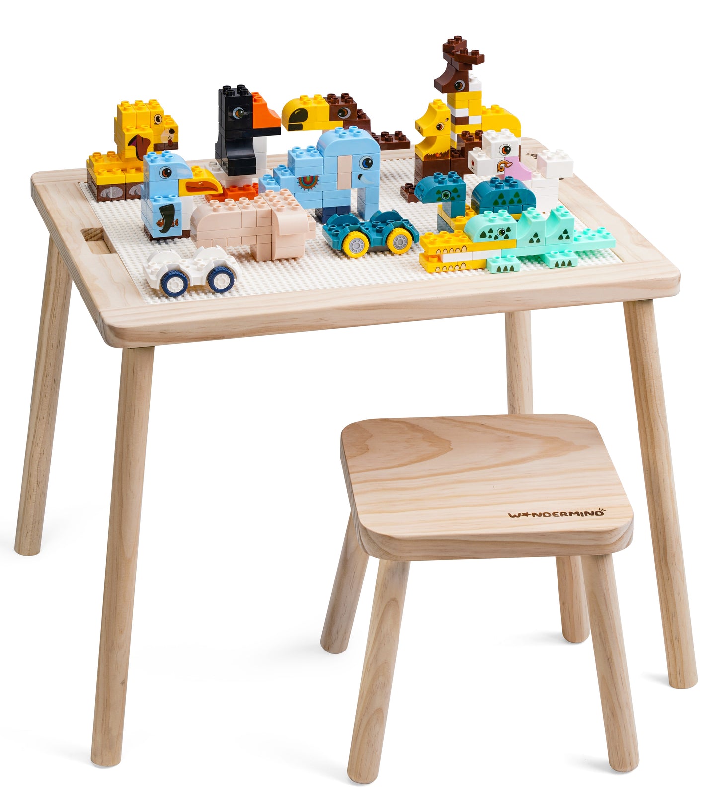 Solid Wood Montessori Children's Play Table Set + Stool, Building Blocks & Writing Set - LEGO® and DUPLO® compatible - WonderMind