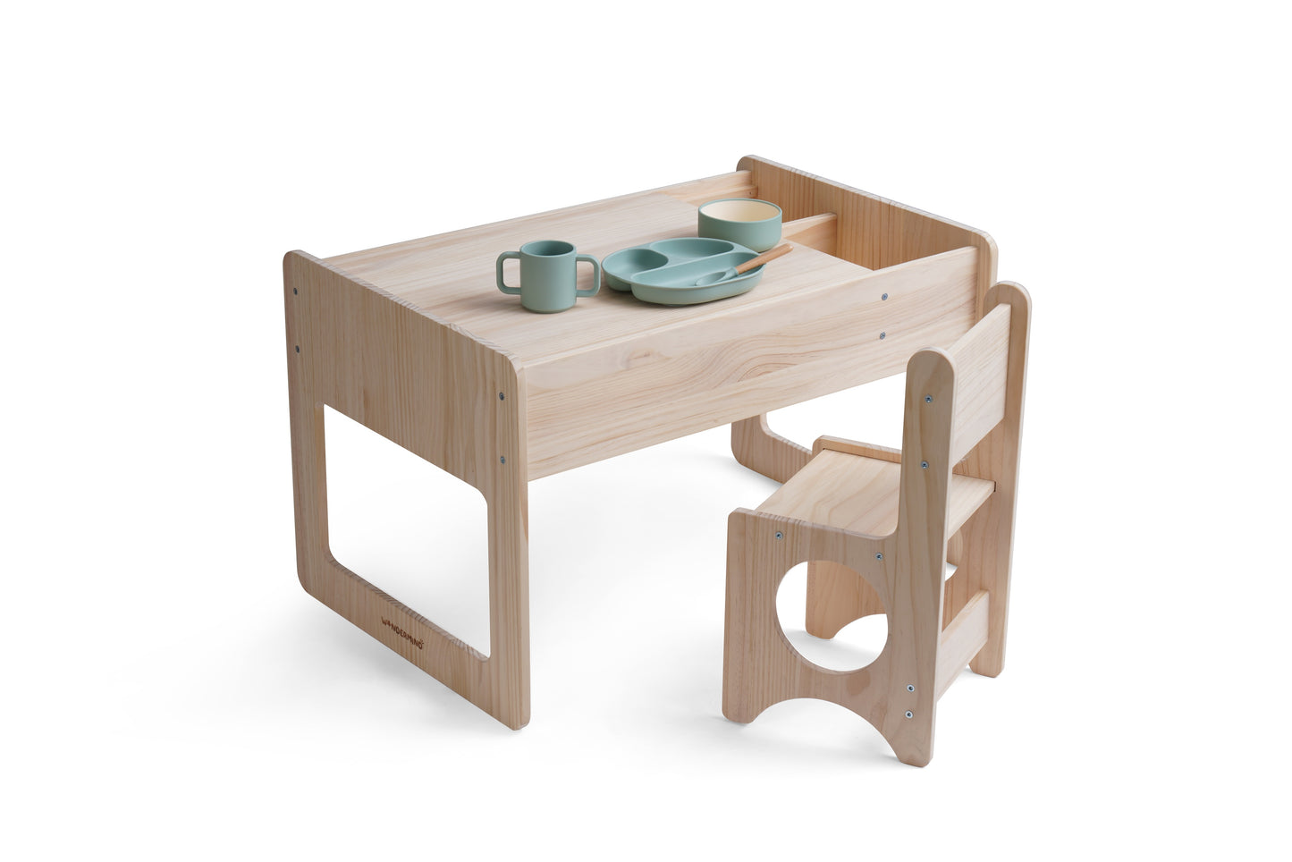 Solid Wood Montessori Play Table with Storage + Chair, Building Blocks & Writing Set - LEGO® and DUPLO® compatible - WonderMind