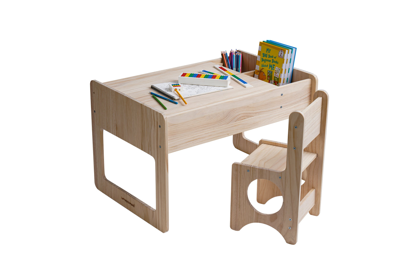 Solid Wood Montessori Play Table with Storage + Chair, Building Blocks & Writing Set - LEGO® and DUPLO® compatible - WonderMind