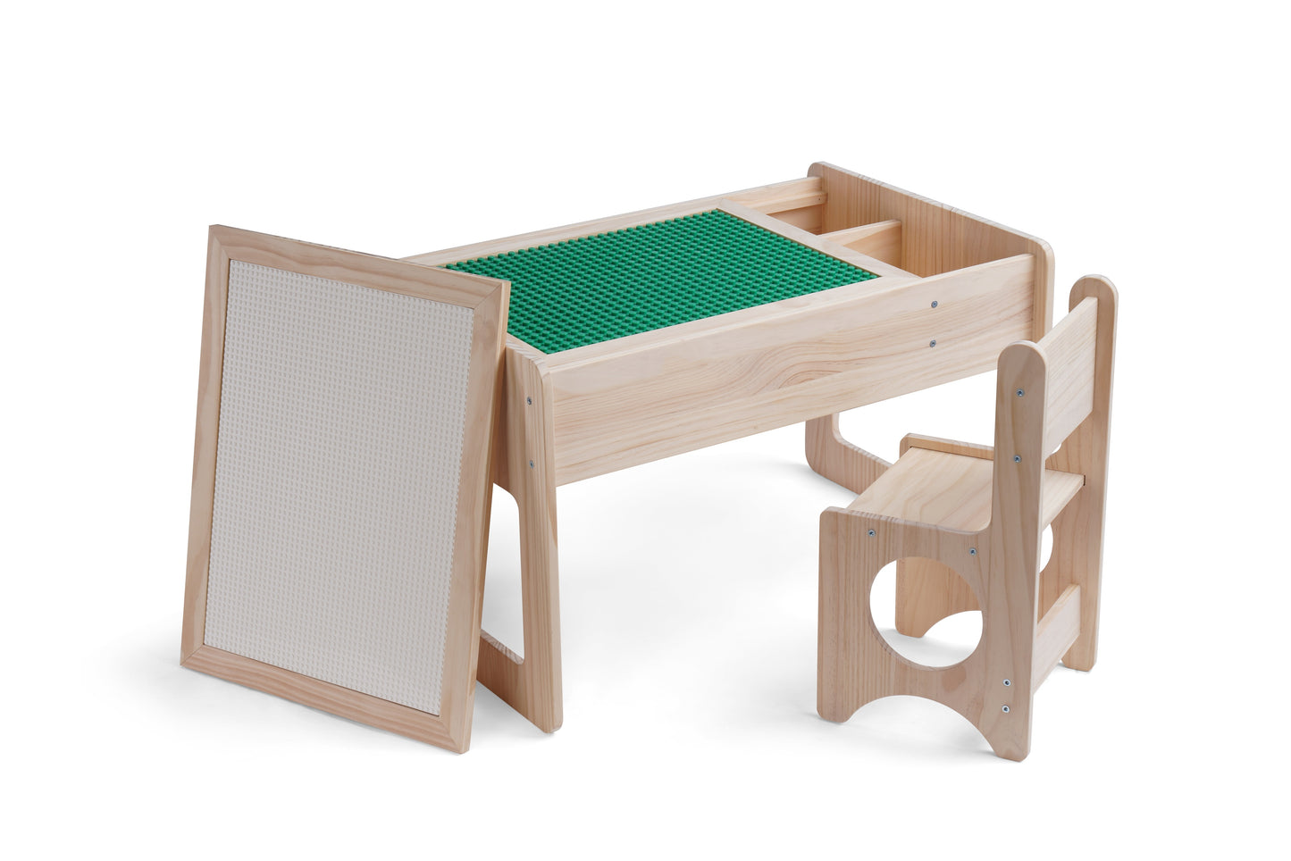 Solid Wood Montessori Play Table with Storage + Chair, Building Blocks & Writing Set - LEGO® and DUPLO® compatible - WonderMind