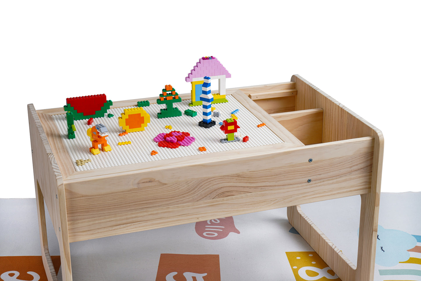Solid Wood Montessori Play Table with Storage + Chair, Building Blocks & Writing Set - LEGO® and DUPLO® compatible - WonderMind