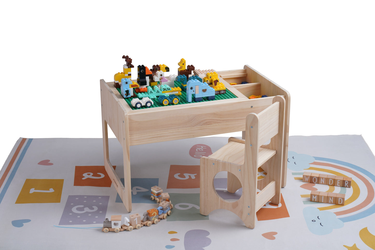 Solid Wood Montessori Play Table with Storage + Chair, Building Blocks & Writing Set - LEGO® and DUPLO® compatible - WonderMind