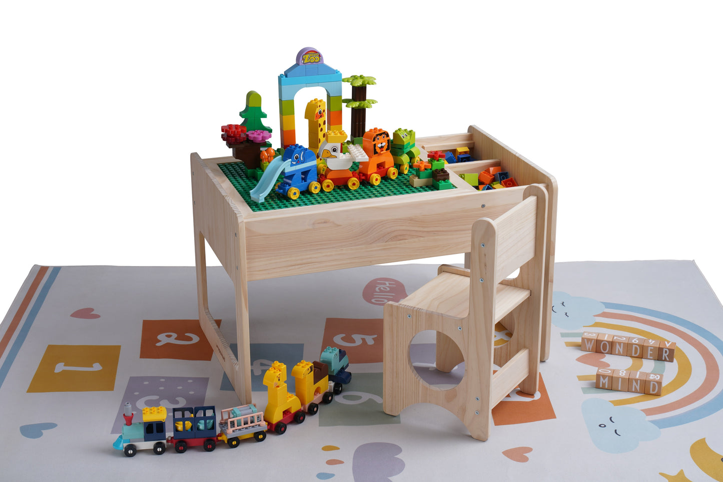 Solid Wood Montessori Play Table with Storage + Chair, Building Blocks & Writing Set - LEGO® and DUPLO® compatible - WonderMind