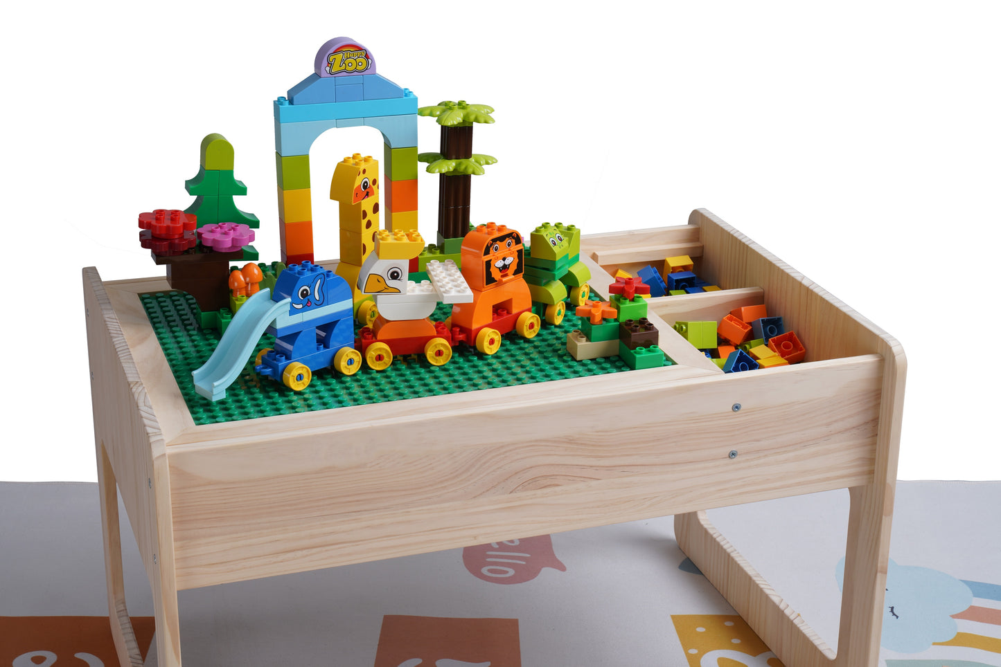 Solid Wood Montessori Play Table with Storage + Chair, Building Blocks & Writing Set - LEGO® and DUPLO® compatible - WonderMind