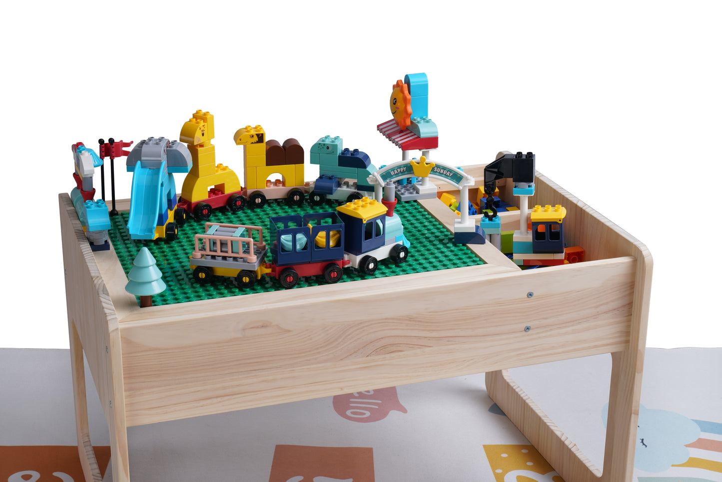 Solid Wood Montessori Play Table with Storage + Chair, Building Blocks & Writing Set - LEGO® and DUPLO® compatible - WonderMind