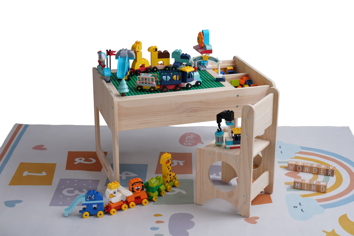 Solid Wood Montessori Play Table with Storage + Chair, Building Blocks & Writing Set - LEGO® and DUPLO® compatible - WonderMind