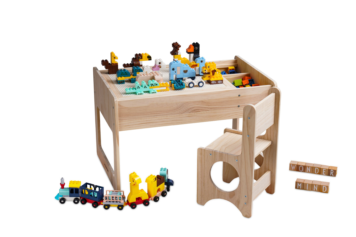 Solid Wood Montessori Play Table with Storage + Chair, Building Blocks & Writing Set - LEGO® and DUPLO® compatible - WonderMind