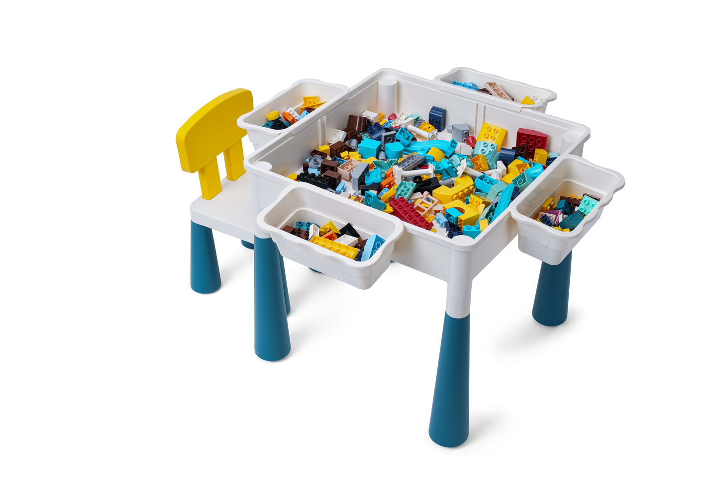 4-1 Play/Work/Mud Table (DUPLO® or LEGO® compatible) for indoors or outdoors + Chairs and Bricks - WonderMind