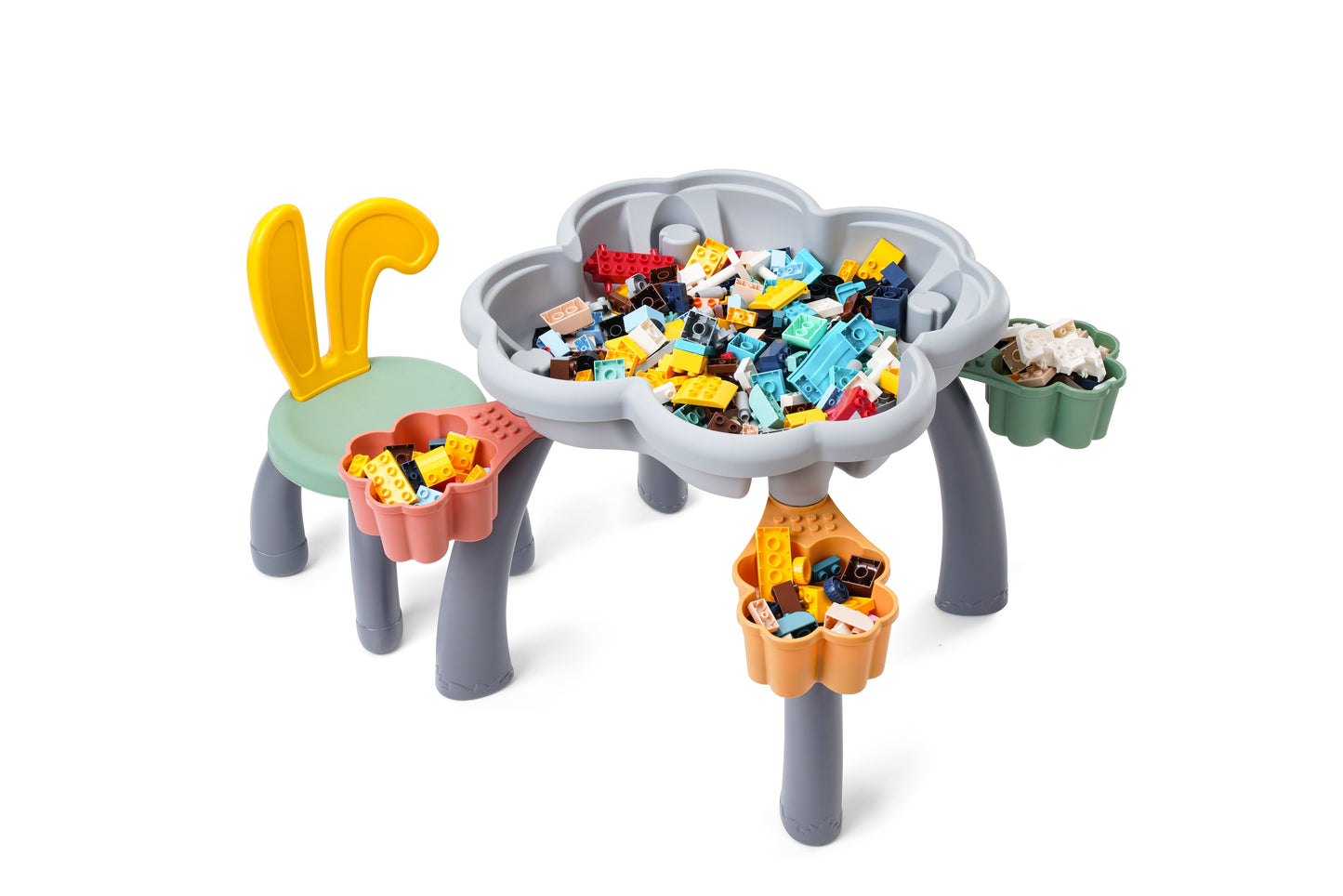 "Bunny" Play/Work/Mud Table (DUPLO® Compatible) for indoors or outdoors + Chairs and Bricks - WonderMind
