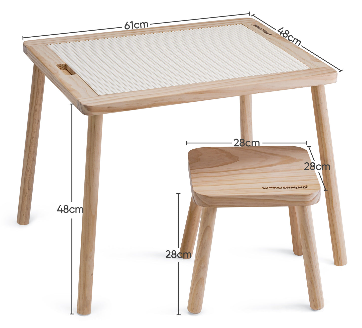 Solid Wood Montessori Children's Play Table Set + Stool, Building Blocks & Writing Set - LEGO® and DUPLO® compatible - WonderMind