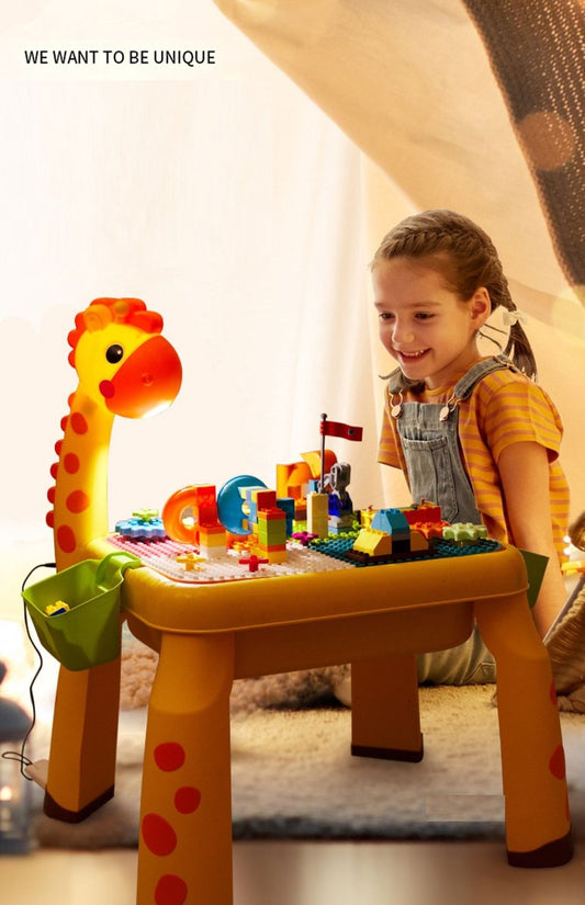 Play table set 'Giraffe' - table 2-in-1 compatible with LEGO and DUPLO + 110-piece marble race track + 2 chairs