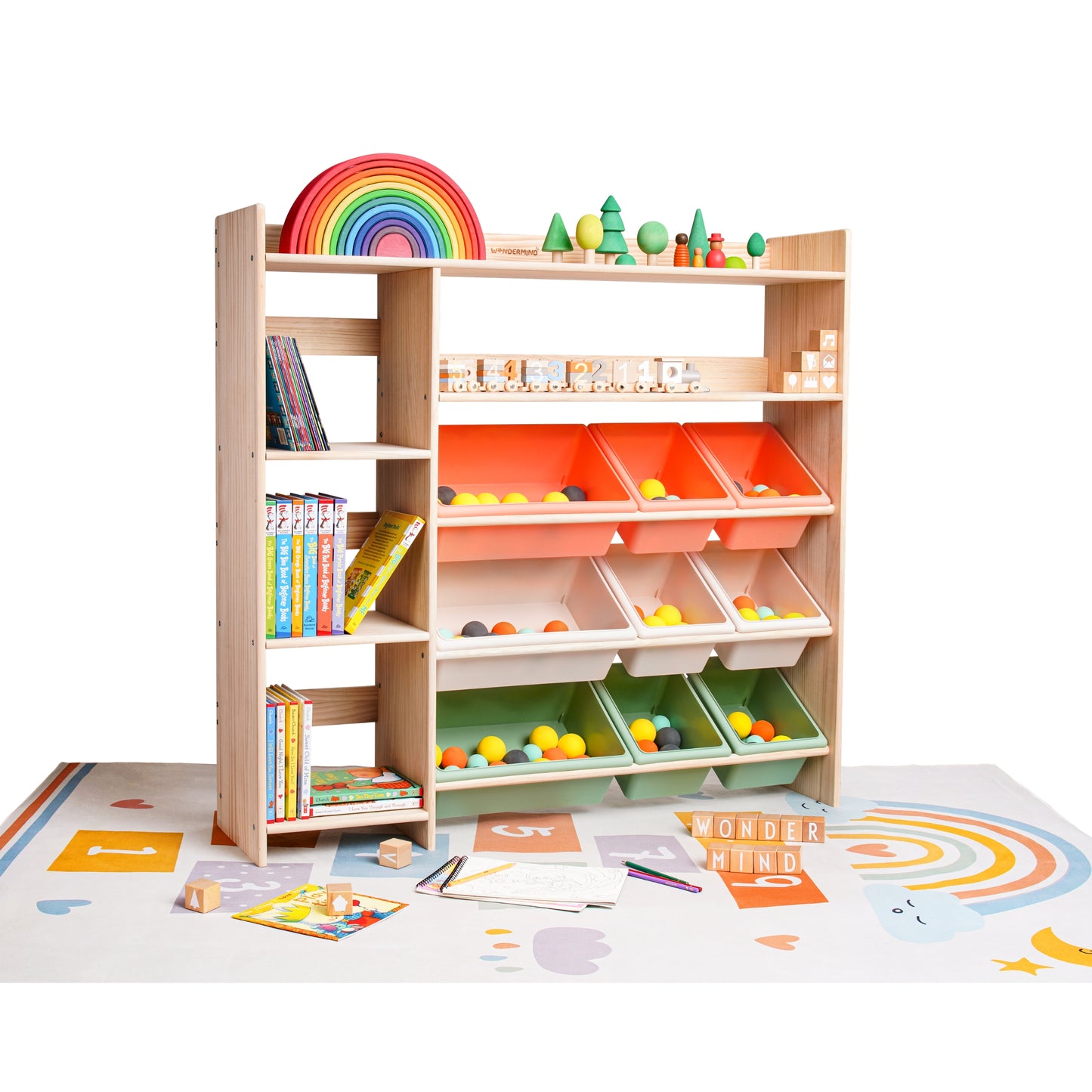 WonderMind Montessori Toy Storage Organizer – Premium Solid Wood Bookshelf & Storage Cabinet for Children