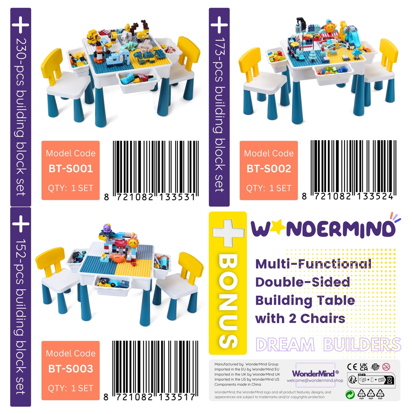 4-1 Play/Work/Mud Table (DUPLO® or LEGO® compatible) for indoors or outdoors + Chairs and Bricks - WonderMind