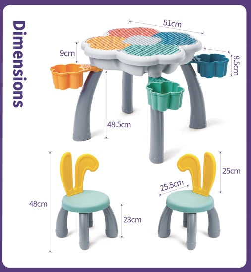 "Bunny" Play/Work/Mud Table (DUPLO® Compatible) for indoors or outdoors + Chairs and Bricks - WonderMind