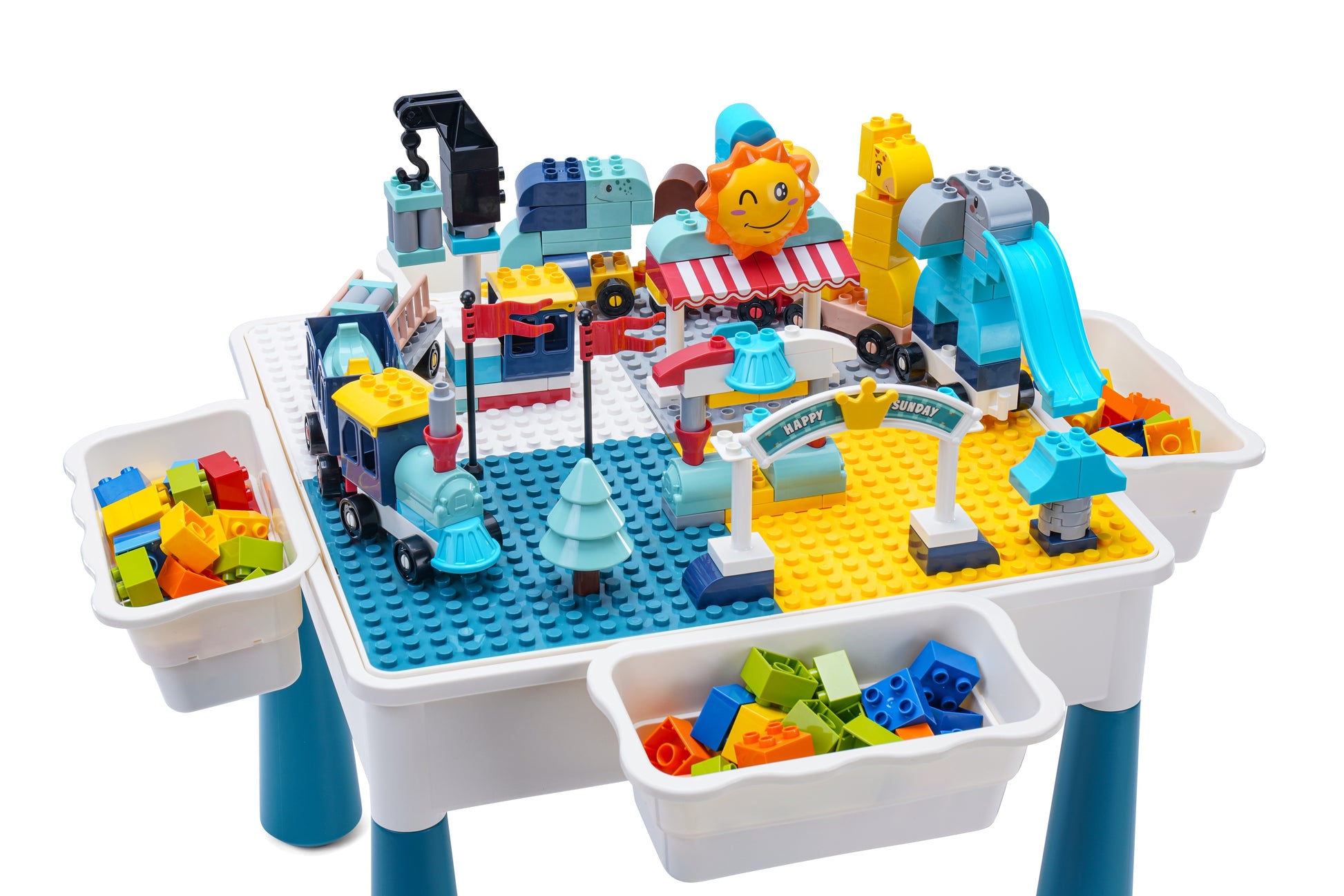 4-1 Play/Work/Mud Table (DUPLO® or LEGO® compatible) for indoors or outdoors + Chairs and Bricks - WonderMind 