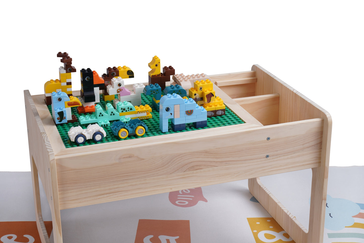 Solid Wood Montessori Play Table with Storage + Chair, Building Blocks & Writing Set - LEGO® and DUPLO® compatible - WonderMind 