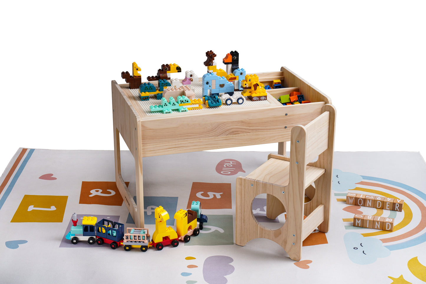 Solid Wood Montessori Play Table with Storage + Chair, Building Blocks & Writing Set - LEGO® and DUPLO® compatible - WonderMind 