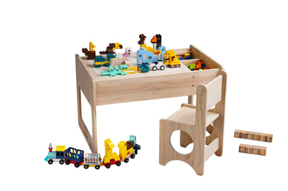 Solid Wood Montessori Play Table with Storage + Chair, Building Blocks & Writing Set - LEGO® and DUPLO® compatible - WonderMind 