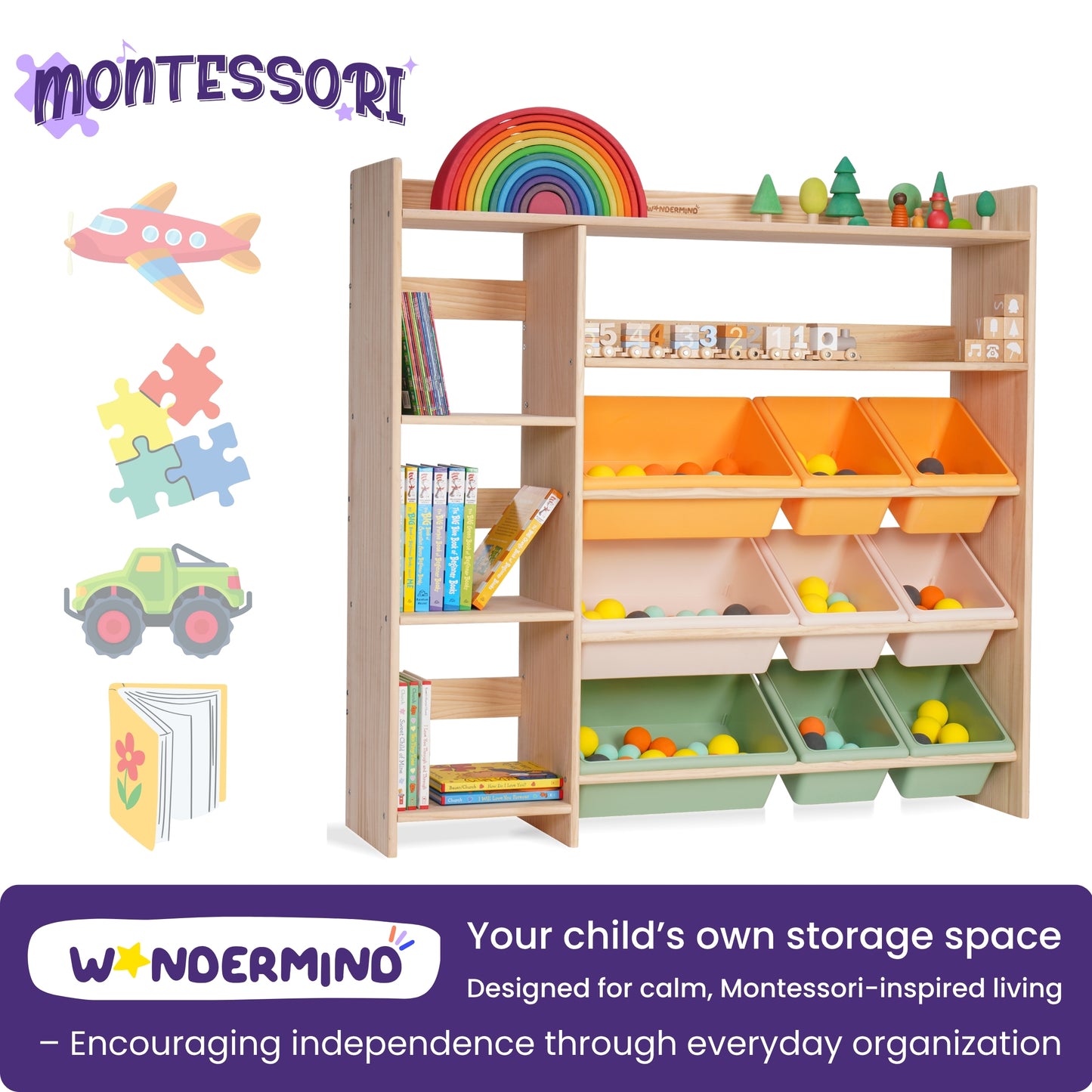 WonderMind Montessori Toy Storage Organizer – Premium Solid Wood Bookshelf & Storage Cabinet for Children