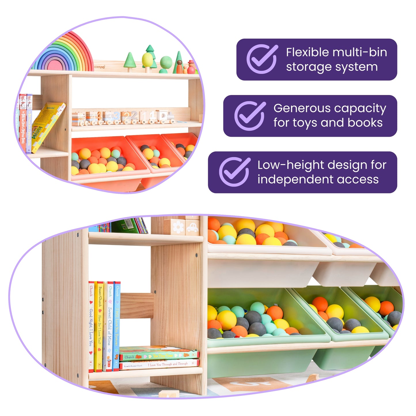 WonderMind Montessori Toy Storage Organizer – Premium Solid Wood Bookshelf & Storage Cabinet for Children