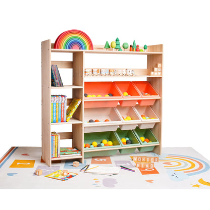 WonderMind Montessori Toy Storage Organizer – Premium Solid Wood Bookshelf & Storage Cabinet for Children