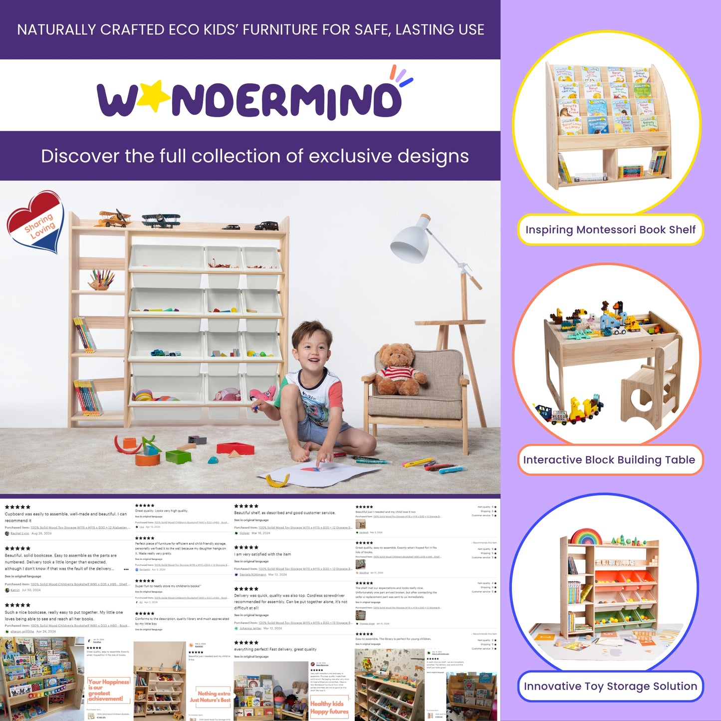 WonderMind Montessori Toy Storage Organizer – Premium Solid Wood Bookshelf & Storage Cabinet for Children